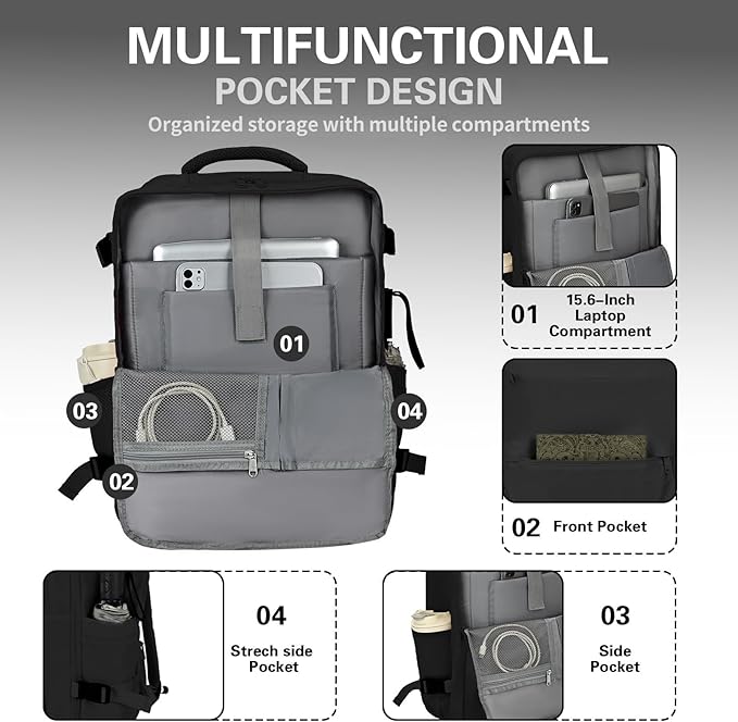 Carry On Backpack for Women & Men – Airline Approved Underseat Size, 15.6" Laptop Compartment, TSA-Friendly 180° Opening, Anti-Theft Business Travel Backpack with Trolley Sleeve (Black, Medium)