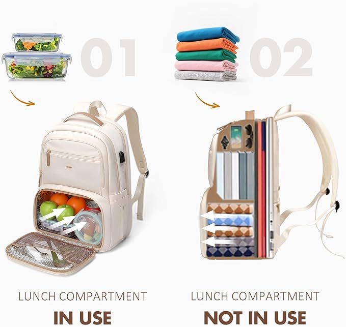 MDODO Lunch Backpack for Women Men,15.6Inch Insulated Lunch Box Backpack with USB Charging Port, Diaper Laptop Back pack for Travel Picnic Work Teacher Nurse,Beige