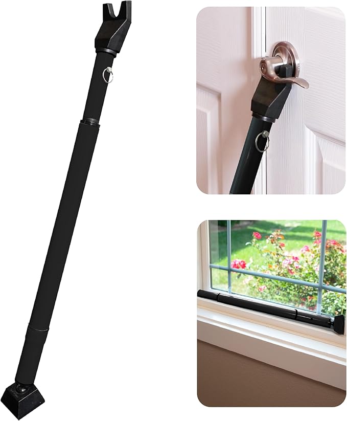 Dual Security Bar, 1-Set Adjustable-Length Portable Strong Door Bar for Hinged and Sliding Patio Doors and Windows, Home Travel Security, Extends 28 in. to 45 in., Black
