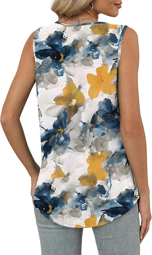 OFEEFAN Tank Top for Women Loose Fit Sleeveless Shirts V Neck Summer Clothes Ruched Women's Tees and Tanks Curved Hem
