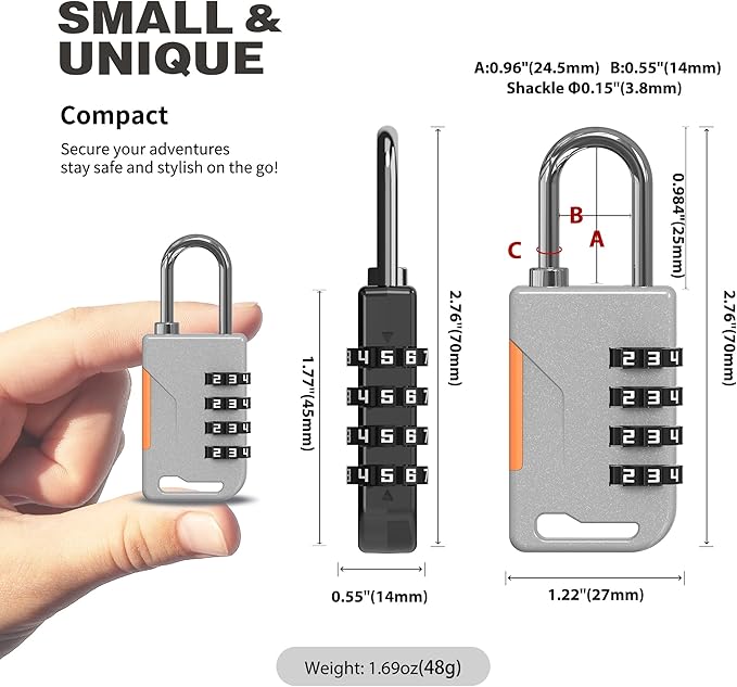 Combination Lock for Locker, Combo Gym Locker Lock with Code, Travel Luggage Padlocks, 4 Digit Combination Padlock for Cabinet, Storage Units, Suitcase, Fence, Gate, Outdoor Use (Gray)