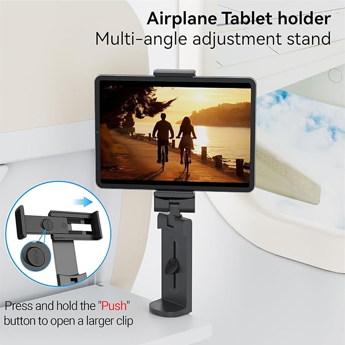 Airplane Tablet Holder Mount, Travel Essential Handsfree Tablet Stand for Flying with Multi-Directional 360 Degree Rotation, Compatible with iPad/Galaxy Tabs (Only Fits 7–11" Tablets)
