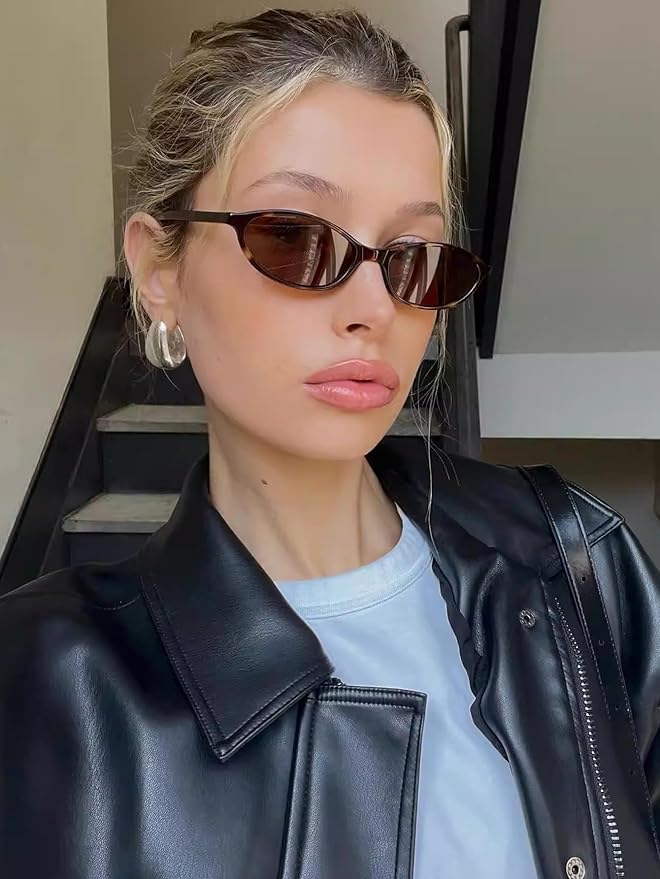 GUVIVI Retro Oval Sunglasses for Women Chic Cat Eye 90s Sunnies Lightweight Narrow Shades Trendy UV protection Sun Glasses