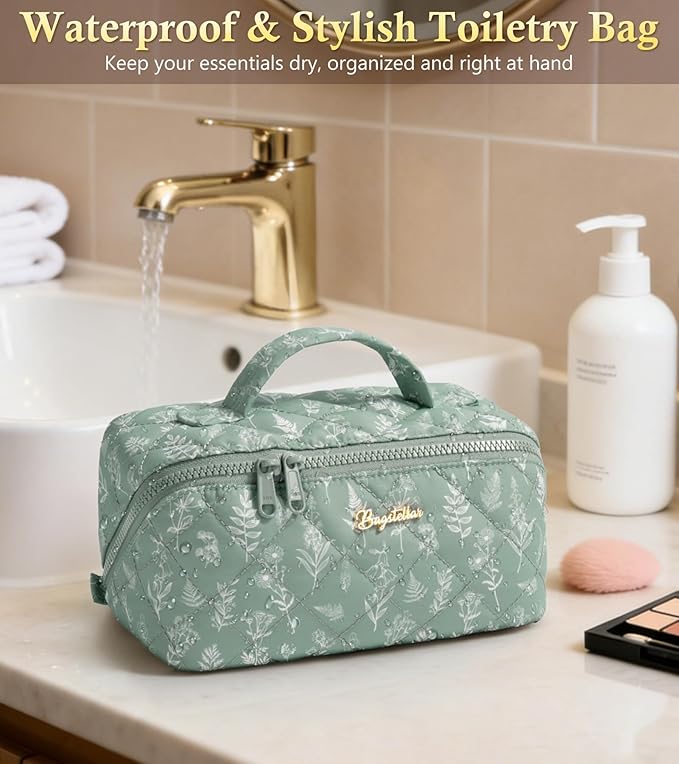 Travel Makeup Bag, 3 Pcs Large Capacity Puffy Toiletry Bag for Women, Open Flat Make up Cosmetic Organizer w/Handle & Clear Divider Water-resistant Portable Pouch Travel Essentials, M-Green Floral