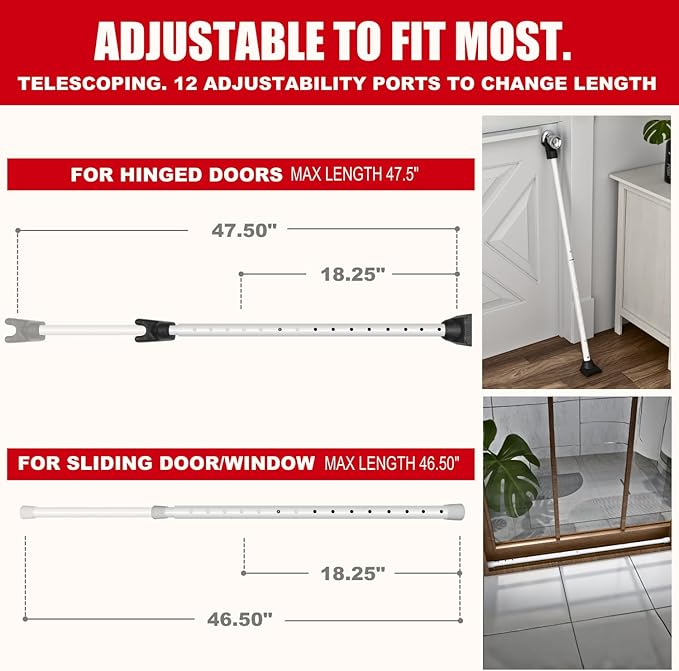 SECURITYMAN 3-in-1 Door Security Bar, Security Door Stoppers & Door Barricade – Heavy Duty Adjustable Iron Security Lock Bar for Home Defense, Apartment & Travel Safety (2 Pack - White)