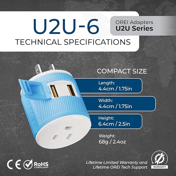 OREI Japan, Philippines Travel Plug Adapter- USA Inputs - Type A (U2U-6), Will work with Cell Phones, Camera, Laptop, Tablets, iPad, iPhone and More