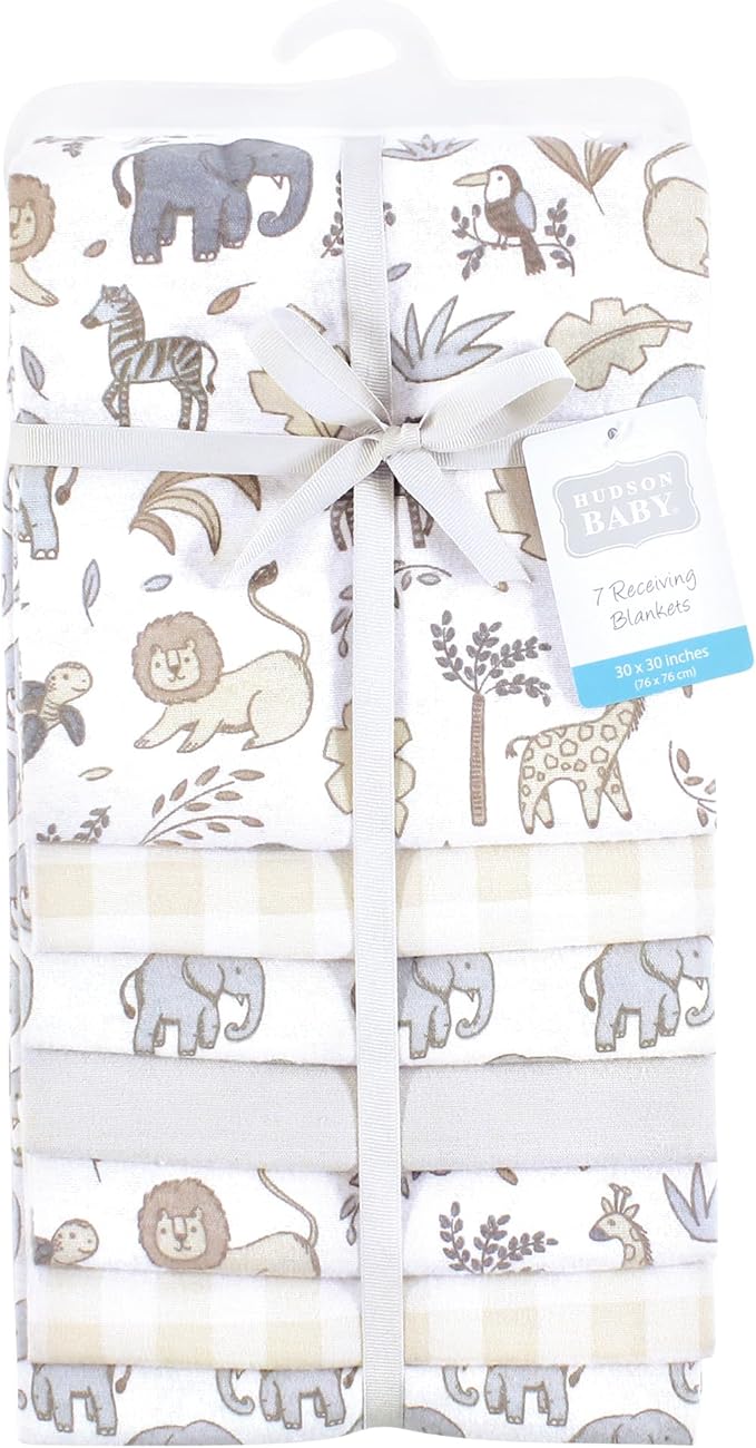 Hudson Baby Unisex Baby Cotton Flannel Receiving Blankets Bundle, Neutral Safari, One Size (Pack of 2)