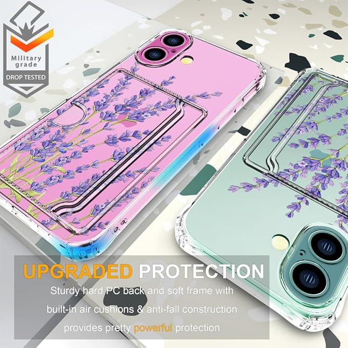 Compatible with iPhone 17 Case Card Holder for Women Cute Design,Wallet Phone Cases Transparent Cool Kawaii Protective (Clear Purple Lavender)