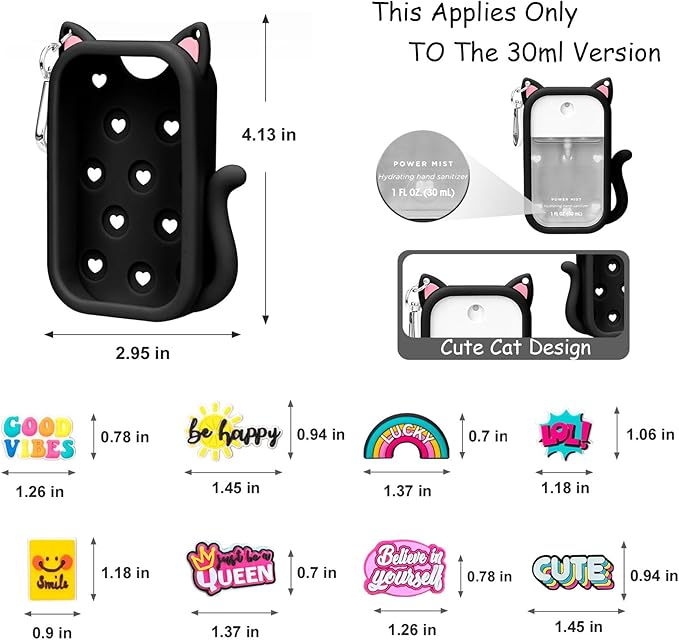 Portable Silicone Case Compatible with Touchland Hand Sanitizer 1 FL OZ / 30ML, Cute Cat-Shaped Case with 8 Charms and Keychain, Hand Sanitizer Spray Accessory, Gift for Women And Teens. (Black cat)