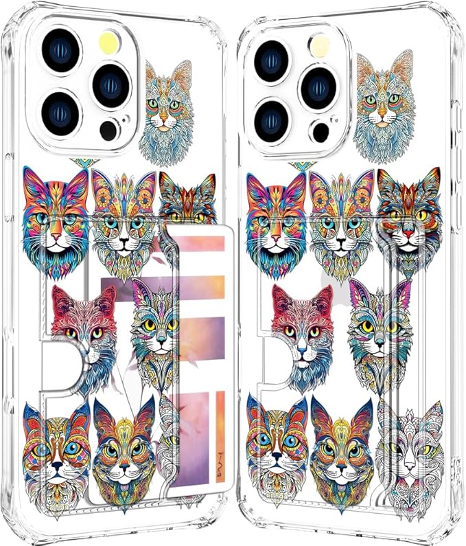 Compatible with iPhone 16 Pro Max Case Card Holder for Women Cute Design,Wallet Phone Cases Transparent Cool Kawaii Protective (Clear Tattoo Cats Animal)