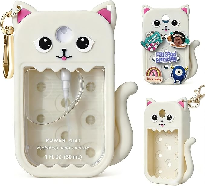 Cute Ear Silicone Case Compatible with Touchland Hand Sanitizer Spray (Fit for 1 FL.OZ), Protective Case with Keychain, Hand Sanitizer Holder (Off-White)
