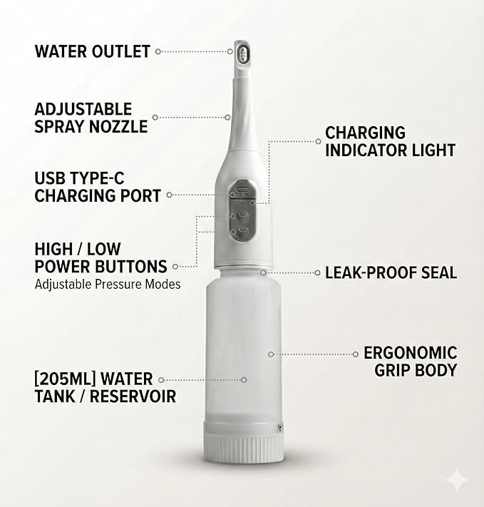 Portable Bidet Sprayer with 360° Nozzle | USB-C Rechargeable Bidet Comes with 205 ml Water Bottle & Dual Modes | Waterproof Handheld Electric Travel Bidet for Women, Men, Babies & Personal Hygiene