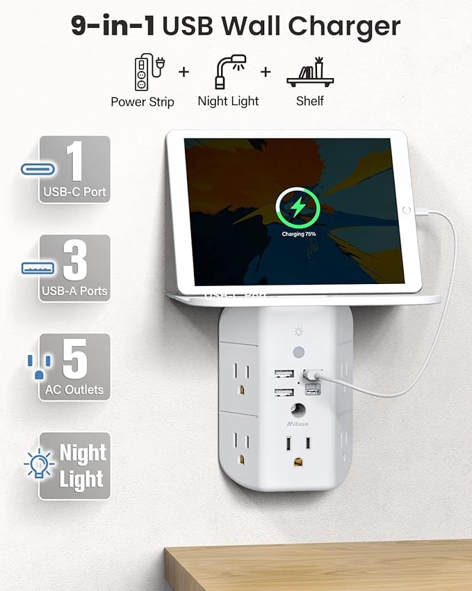 Wall Outlet Extender with Shelf and Night Light, Surge Protector, Wall Mount Charger Multi Plug Expander with 5 AC Outlets and 3 USB A Ports 1 USB C, Wide Space 3-Sided Power Strip Multi Plug Outlets