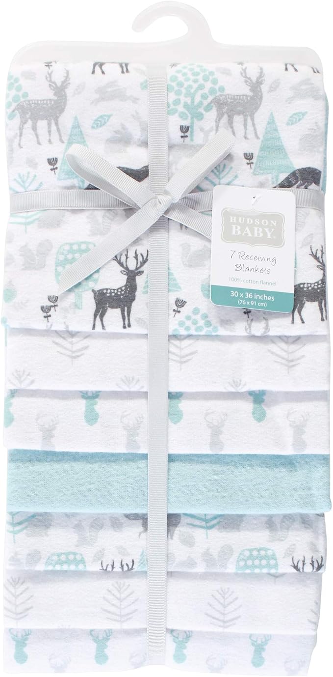 Hudson Baby Unisex Baby Cotton Flannel Receiving Blankets Bundle, Linocut Woodland Neutral, One Size