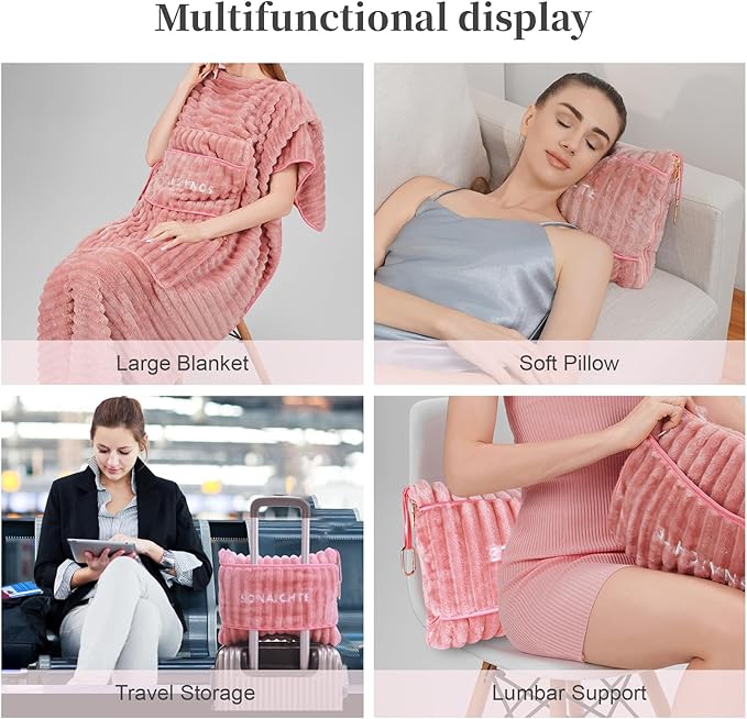 Travel Pillow and Blanket Set Travel Blanket Airplane Compact with Bag Travel Blanket Airplane Travel Essentials Car Blankets for Adults (Light Pink)