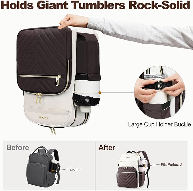 VANKEAN Laptop Backpack for Women with Giant Tumbler Holder Pocket,17.3 inch School College Book Bag Nurse Teacher Backpack,Waterproof Work Travel Backpack Purse Laptop Computer Bag, Beige-Coffee