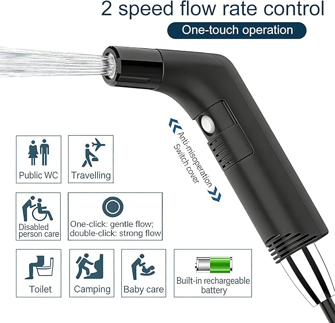 COSWE Portable Travel Bidet Electric Rechargeable Handheld Personal Bidet Sprayer for Hygiene Cleaning for Toilet with 2.3 liters Water container (Black), LIUW_JP2201