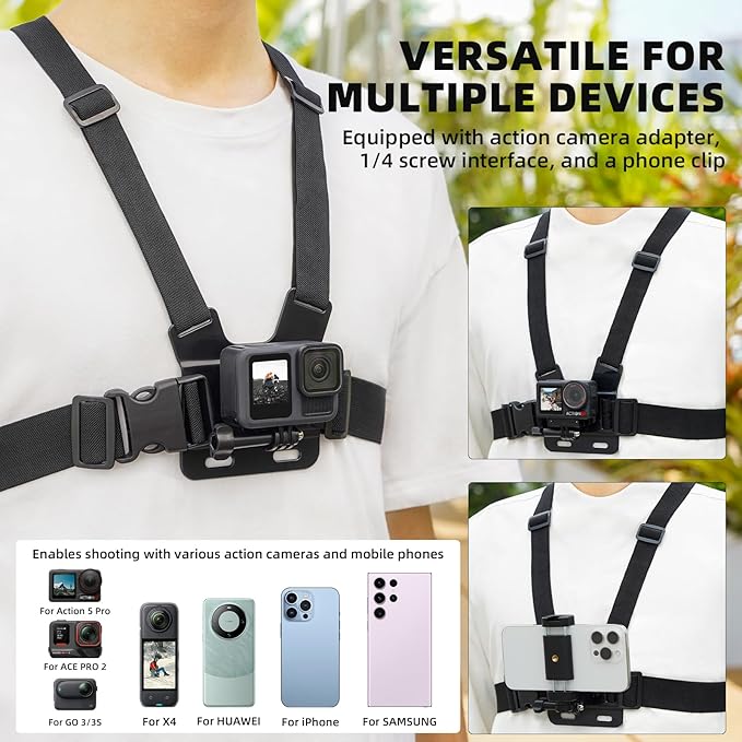 Chest Harness Mount Kit for GoPro, Head Strap Body Mount & Suction Cup Holder for iPhone, for Insta360 X5/X4, for DJI Osmo Action 5/Pocket 3 4/360, for AKASO Camera Recording Vlog Accessories