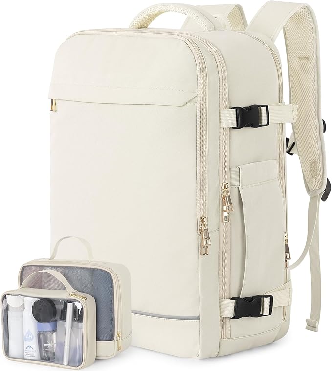Sinaliy Travel Backpack, 40L 17 inch Laptop Waterproof Backpack Carry on Flight Approved, Personal Item Travel Bag, Casual Daypack for College, Business, Weekend, Work, Beige