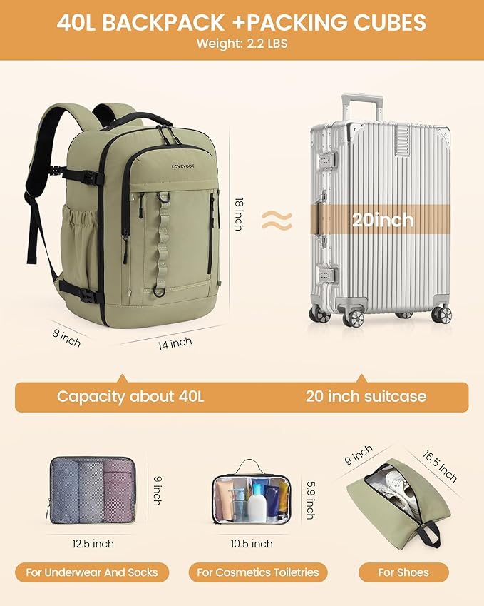LOVEVOOK 40L Travel Backpack for Men Women, Waterproof Carry On Backpack for Work & Travel, Flight Approved Personal Item with 3 Packing Cubes, TSA Bag Fits 17.3" Laptop,Khaki