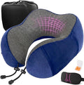 Neck Pillow for Plane Travel – 4-in-1 Kit | Adjustable Blue Memory Foam Neck Support Pillow, Eye Mask, Earplugs, & Cover | Cozy, Washable Cotton Cover with Secure Buttons – Comfort Traveling