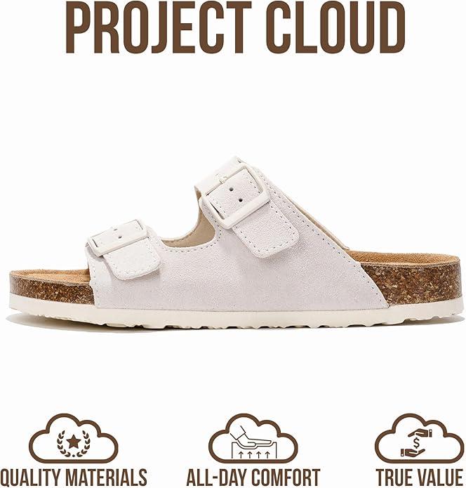Project Cloud 100% Genuine Leather Flat Sandals For Women 2026 Cork Footbed Womens Sandals with Memory Foam and arch support Vacation Essentials Slides for Women Footwear (Venita)