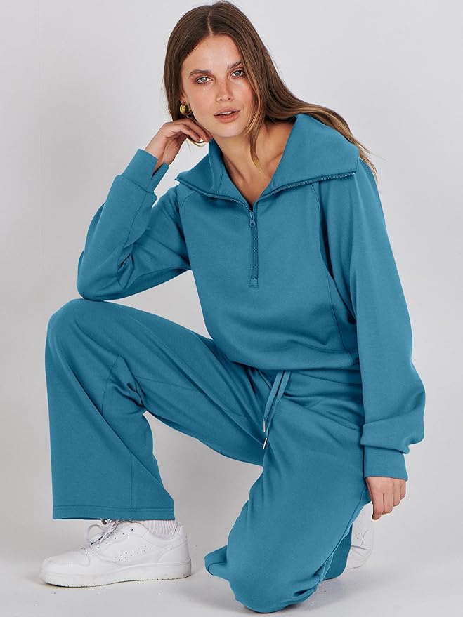 ANRABESS Women 2 Piece Outfits 2025 Fall Fashion Airport Wide Leg Pants Lounge Set Leisure Travel Vacation Clothes Sweatsuits
