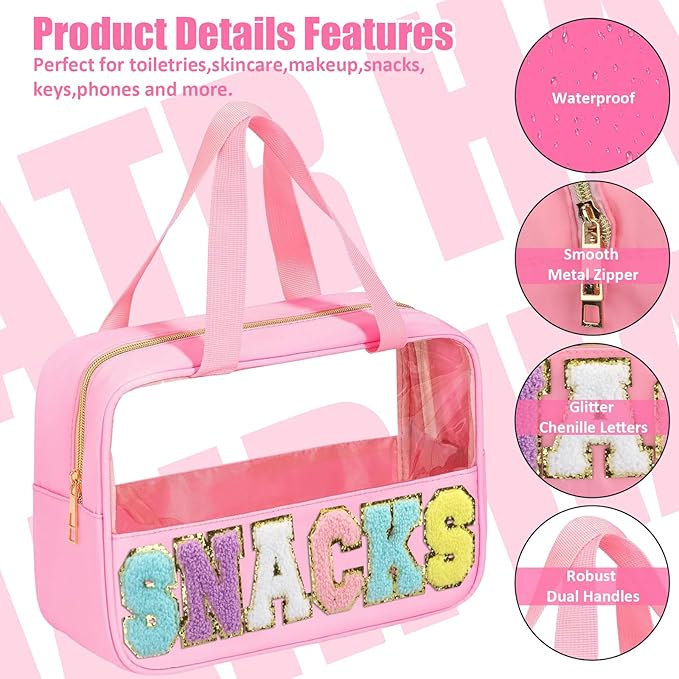 BuyCard Chenille Letter Patch Clear Travel Bags, Preppy PVC&Nylon Makeup Bag with Handle and Zipper, Waterproof Large Clear Travel Toiletry Bag Storage Bag for Women Girls