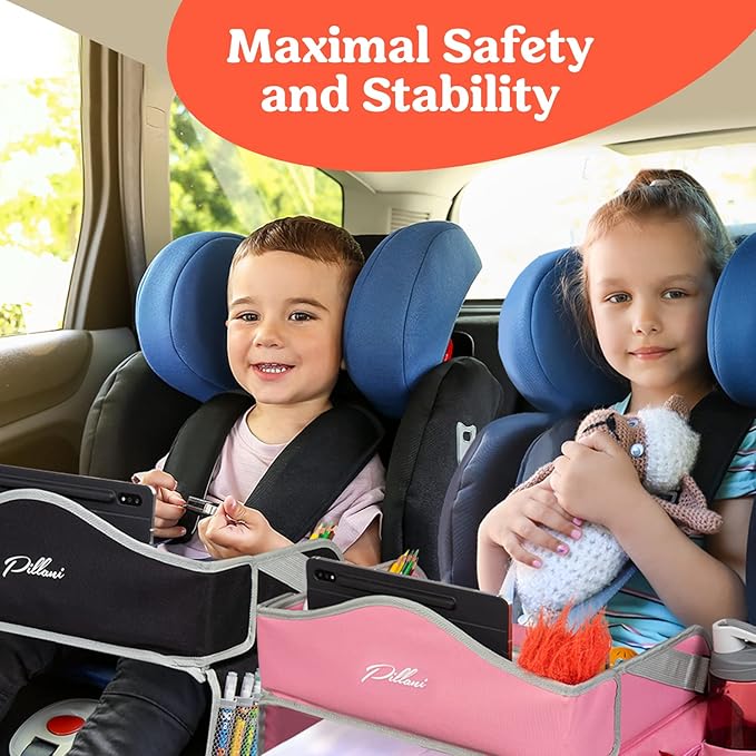 PILLANI Kids Travel Tray for Car - Car Seat Tray for Toddler - Road Trip Essentials Kids w/ iPad Holder Stand, Carseat Table Tray for Kids Road Trip Activities, Toddler Lap Desk Organizer for Airplane