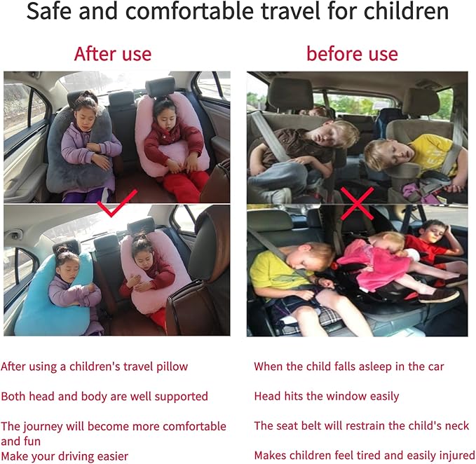 FHSGGP Travel Pillow Car Pillow Kid Car Sleeping The Sleeping Aid for Adults and Kids on Road Trips Sponge Kids Travel Pillow Provides Body and Head Support Gray