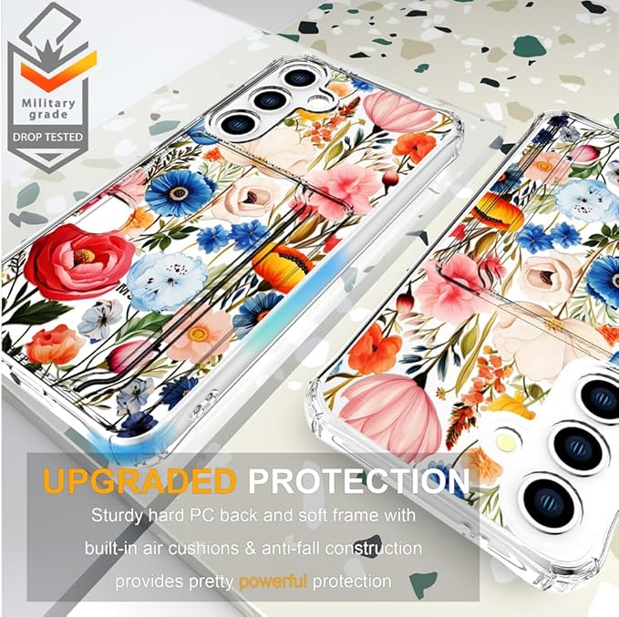 Compatible with Samsung Galaxy S24 / S25 Case Card Holder for Women Cute Design,Wallet Phone Cases Transparent Cool Kawaii Protective (Clear Flower Art Rose Peony)
