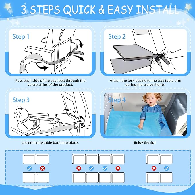 Airplane Bed for Toddler with Blanket, Airplane Seat Extender for Kids, Baby Airplane Travel Essentials, Blue