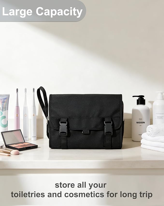 Relavel Large Toiletry Bag Travel Bag for Men, Travel Hanging Toiletries Bag with Hanging Hook, Large Capacity Door Room Essentials, Travel Organizer for Full Sized Cosmetics and Accessories - Black