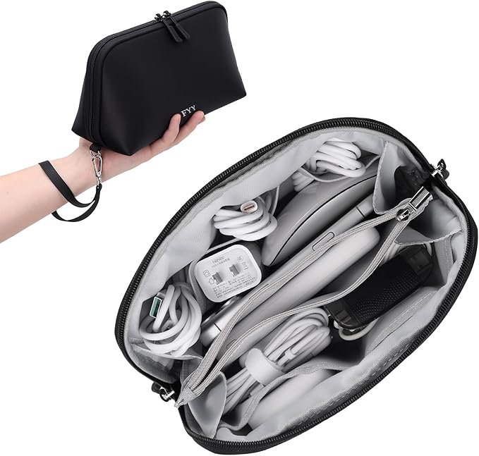 FYY Travel Cable Organizer - 8 Compartments Lightweight Water Resistant Tech Pouch with Wrist Strap, Portable Electronic Accessories Case for Cord Charger Storage for Travel Home Office Black (Large)