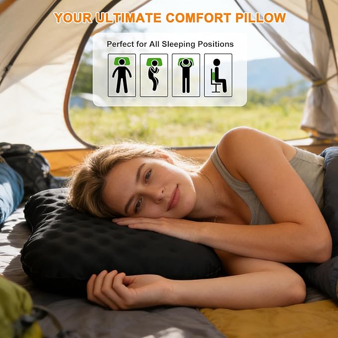 Camping Pillow with Soft Cover, Lightweight Inflatable Pillow for Neck Lumbar Support,Upgrade Backpacking Pillow,Washable Travel Air Pillows for Hiking, Backpacking, Airplane, Beach, Black