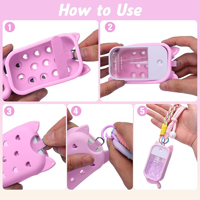 Juome Hand Sanitizer Spray Case for Touchland with Adjustable Keychain Lanyard & Charms, Cat Silicone Protective Holder for Touch Land Mist Case 1FL. OZ, Travel Cover Sleeve Accessory - Pink