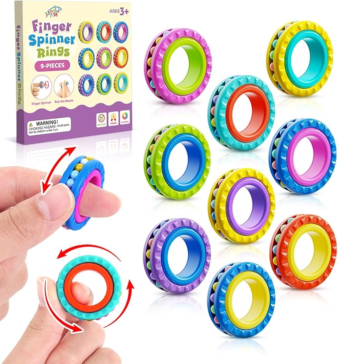 Fidget Toys Sensory Rings for Kids : 9 Pack Multi-Functional Finger Spinner - Fidget Stress Toys for Autism Kids Calming - Small Fidgets for Classroom Prizes - Teens Boys Girls Travel Calm Essentials