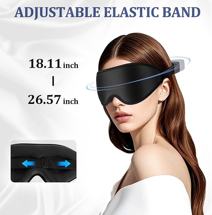 3D Deep Contoured Zero Pressure Sleep Eye Mask for Men & Women, Blackout Blindfold with Adjustable Strap for Travel, Home, Nap (Black)