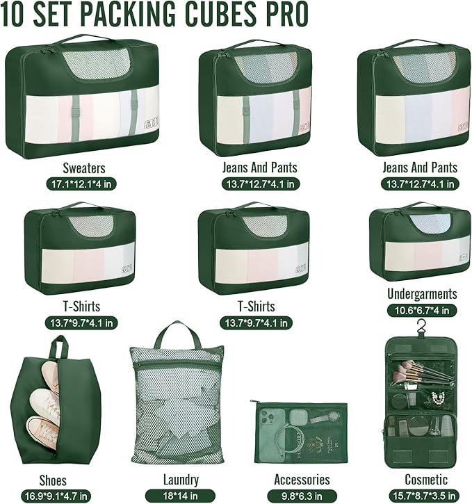 Veken 10 Set Packing Cubes for Travel Essentials, Suitcase Organizer Bags in 4 Sizes, Carry-On Luggage Accessories with Large Laundry Bag & Passport Holder, Must-Have for Airplane, Road Trip & Camping