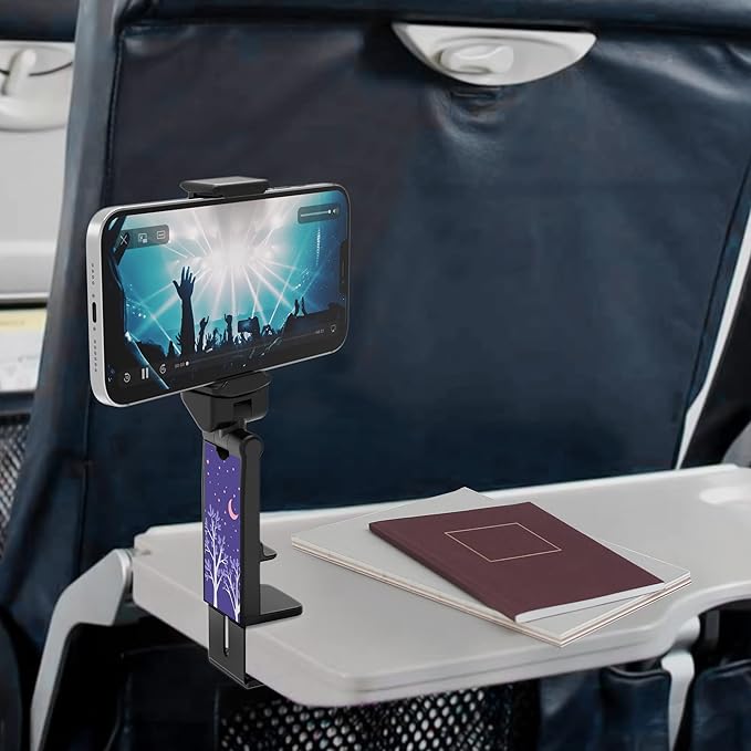 Beyond Cell Travel Accessories, Universal Seat Back Tray Table Hands Free Phone Clip Holder, Adjustable Pocket Size Airplane Travel Essentials Compatible with iPhone and Android Purple Night