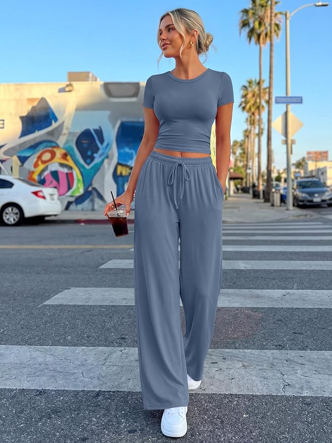 Trendy Queen 2 Piece Matching Summer Lounge Set Womens Side Ruching Top Wide Leg Pants Sets with Pockets