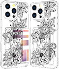 Compatible with iPhone 16 Pro Case Card Holder for Women Cute Design,Wallet Phone Cases Transparent Cool Kawaii Protective (Clear Black Henna Flower)