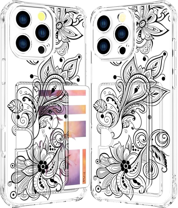 Compatible with iPhone 16 Pro Case Card Holder for Women Cute Design,Wallet Phone Cases Transparent Cool Kawaii Protective (Clear Black Henna Flower)