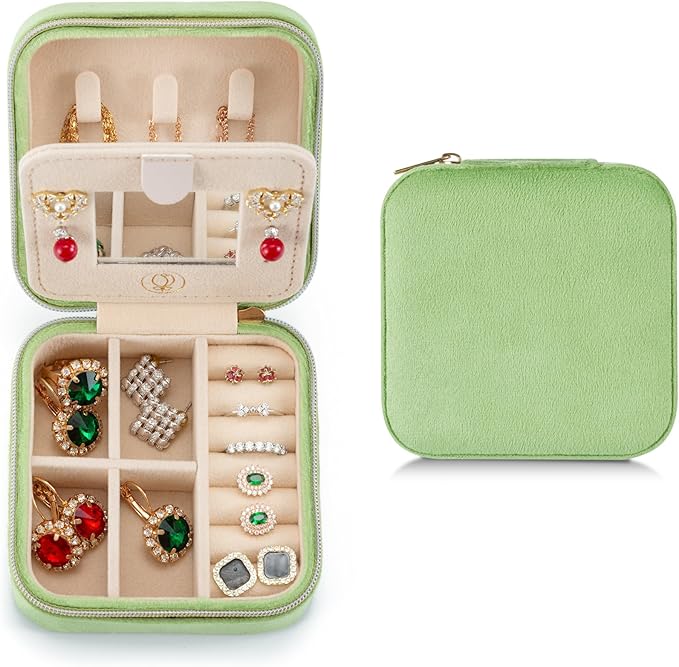 ZPROW Plush Velvet Travel Jewelry Case, Travel Jewelry Organizer, Jewelry Travel Case, Travel Jewelry Box, Small Jewelry Case, Jewelry Travel Box, Earring Organizer with Mirror - LightGreen