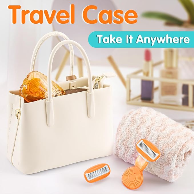 DreamGenius Travel Razors for Women Include 1 Handle and 2 Cartridges, Extra Smooth 5-Blade Travel Essentials Razor with Case for Shaving, Orange