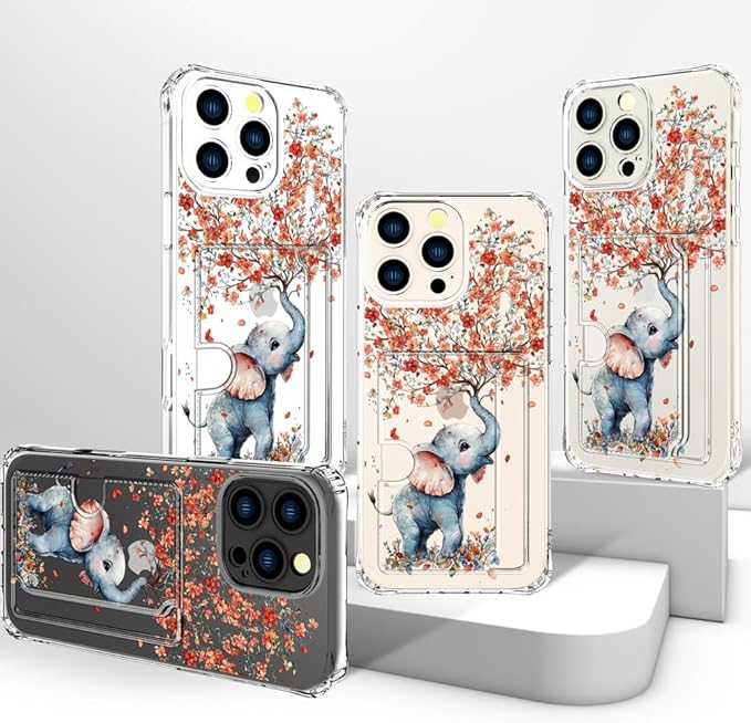 Compatible with iPhone 16 Pro Case Card Holder for Women Cute Design,Wallet Phone Cases Transparent Cool Kawaii Protective (Clear Elephant Creating Flowers)
