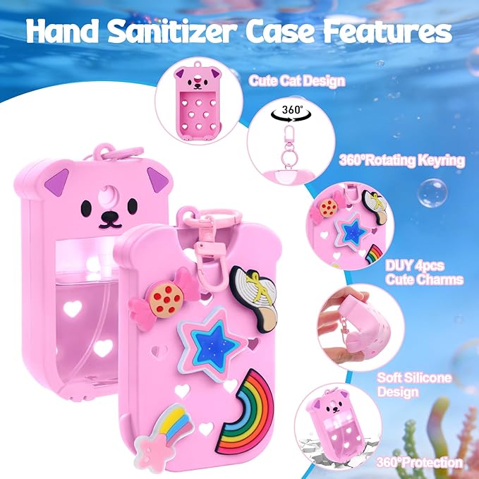 Mity rain Hand Sanitizer Spray Case Compatible With Touchland, Cute Silicone Hand Sanitizer Holder Keychain with 4 Charms, Portable Refillable Sanitizer Accessory, Gift for Women And Teens