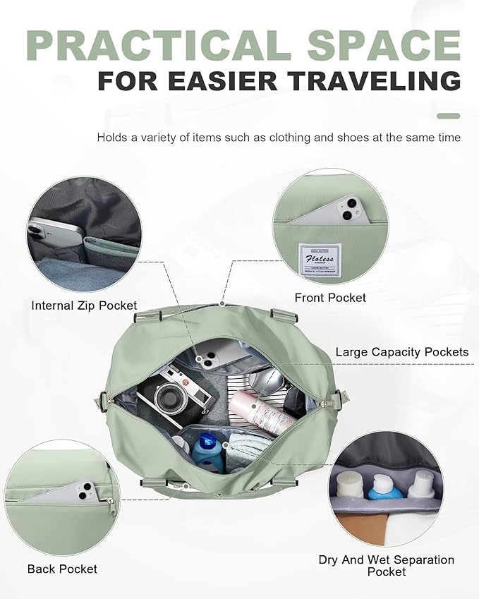 Spirit Travel Duffel - 18x14x8 Inches Weekender Overnight Bag with Shoes Compartment, Trolley Sleeve, Carry On for Airplanes, Sport Tote Gym Bag in BeigeGreen