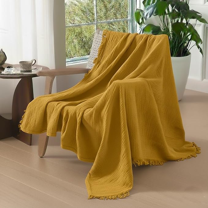 KyraHome 100% Cotton Muslin Throw Blankets for Couch, 50"x60" Pre-Washed Plant Dyed, Breathable, Lightweight Summer Throw Blankets for Adults, Picnic, All Season, Mustard Yellow