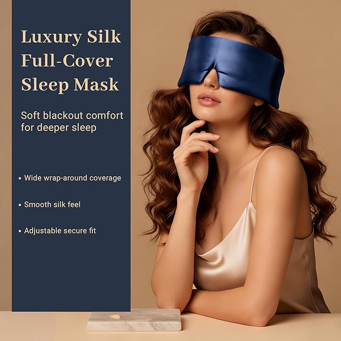 Silk Sleep Mask for Side Sleepers, Face-Hugging Padded Eye Cover, Eye Mask for Sleeping Women Men, 100% 22 Momme Pure Mulberry Silk, Soft Light Blocking Mask for Travel, Naps & Shift Workers (Blue)